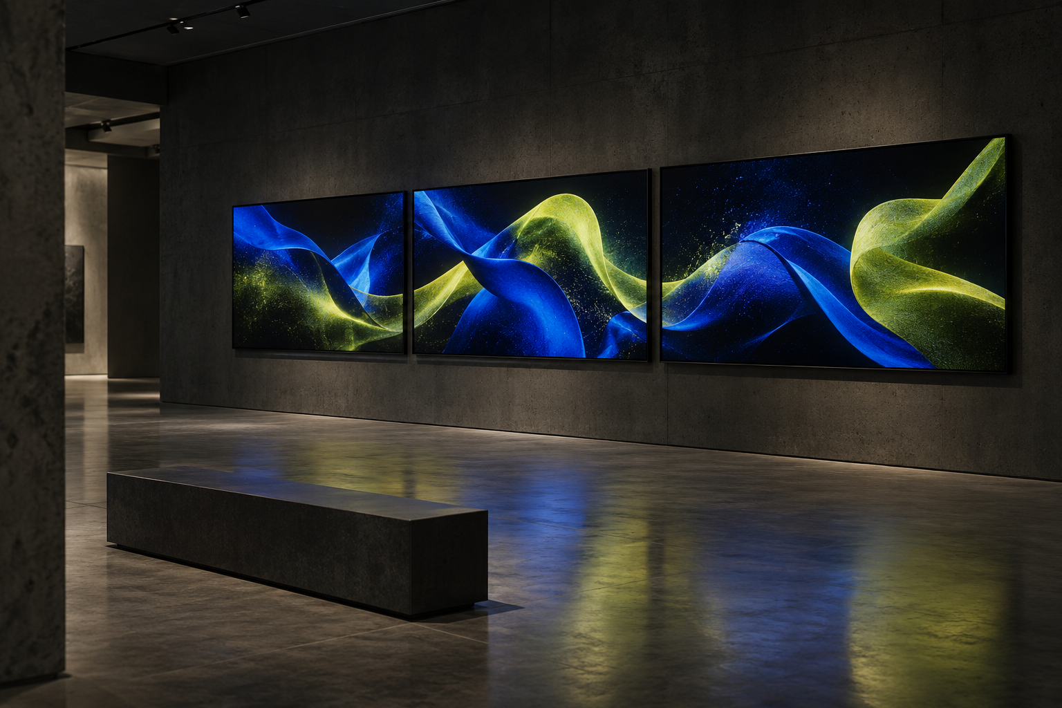 Original concept of a dark gallery with three screens showing blue and yellow abstract artwork